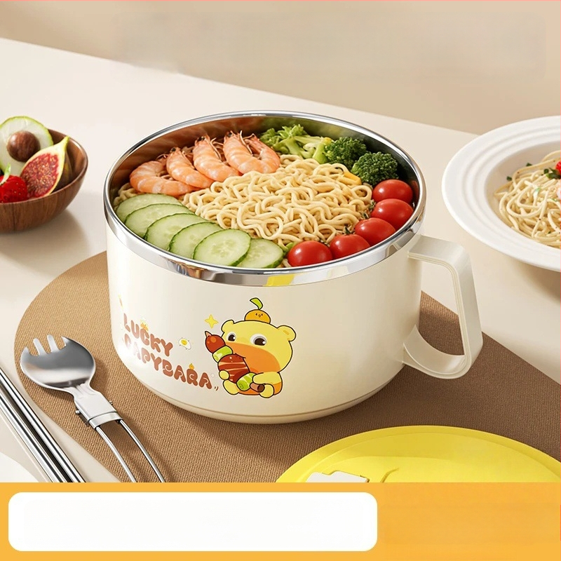 Bol din oțel inoxidabil pentru noodles instant cu capac, cu funcție de scurgere, ideal pentru cămine și cantine