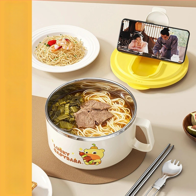 Bol din oțel inoxidabil pentru noodles instant cu capac, cu funcție de scurgere, ideal pentru cămine și cantine