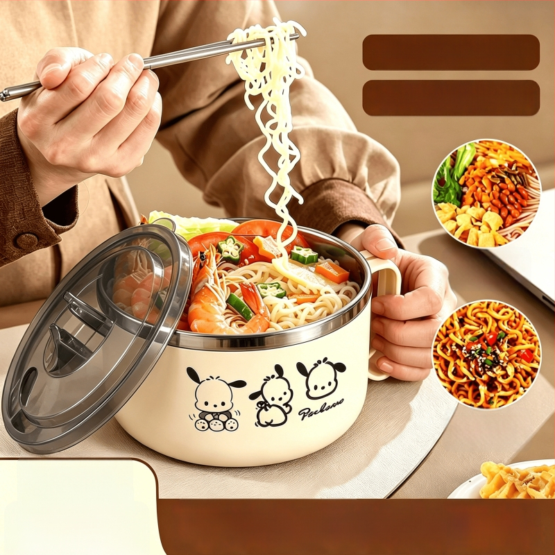 Bol din oțel inoxidabil pentru noodles instant cu capac, cu funcție de scurgere, ideal pentru cămine și cantine