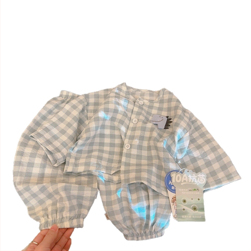 Set de îmbrăcăminte de casă pentru copii cu model carouri și personaje de desene animate, cardigan două piese