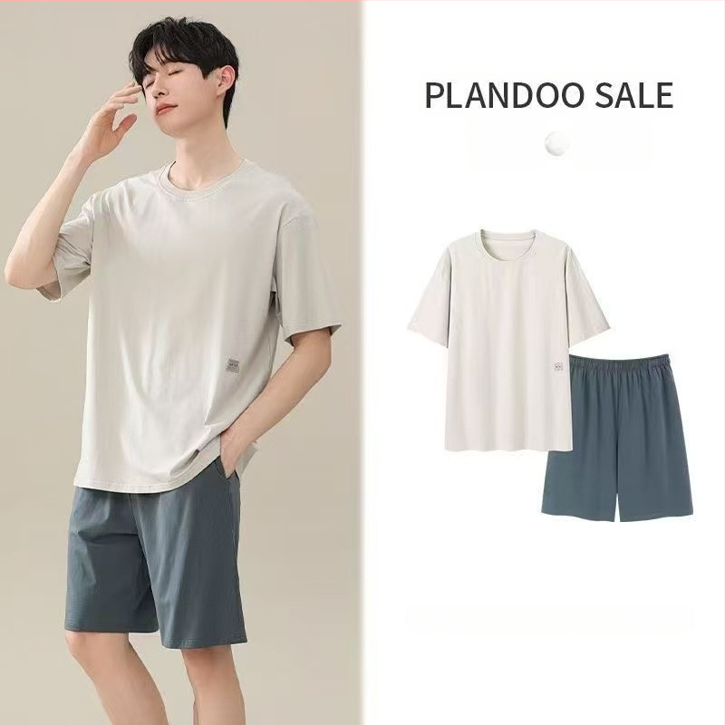Pijamă de vară pentru bărbați, set din modal, tricou cu mânecă scurtă și șorturi, croială lejeră, țesătură subțire, stil casual, potrivite pentru purtarea în exterior