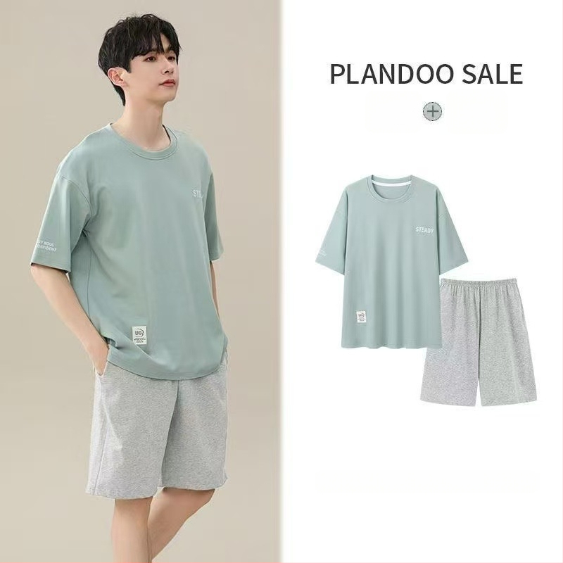 Pijamă de vară pentru bărbați, set din modal, tricou cu mânecă scurtă și șorturi, croială lejeră, țesătură subțire, stil casual, potrivite pentru purtarea în exterior