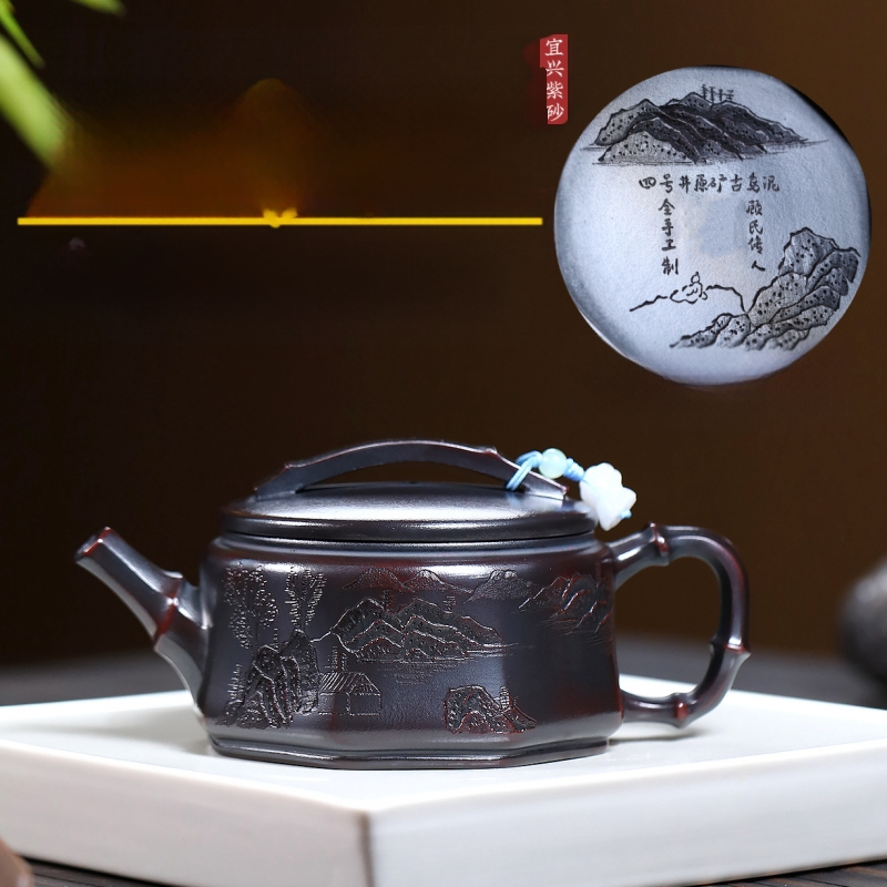 Ceainic Yixing din lut purpuriu de nisip, lucrat manual din minereu original, lut purpuriu bronzat, stil Guanshan Hanwa