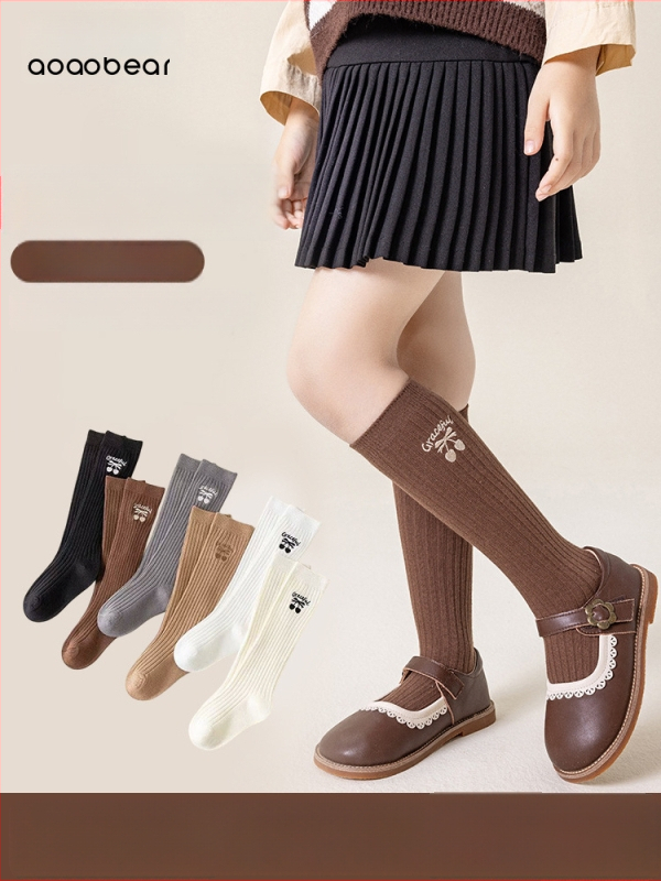 Șosete lungi pentru copii, toamnă-iarnă, stil britanic retro de școală, cu broderie cu funda realizată cu două ace, din bumbac combed în stil coreean