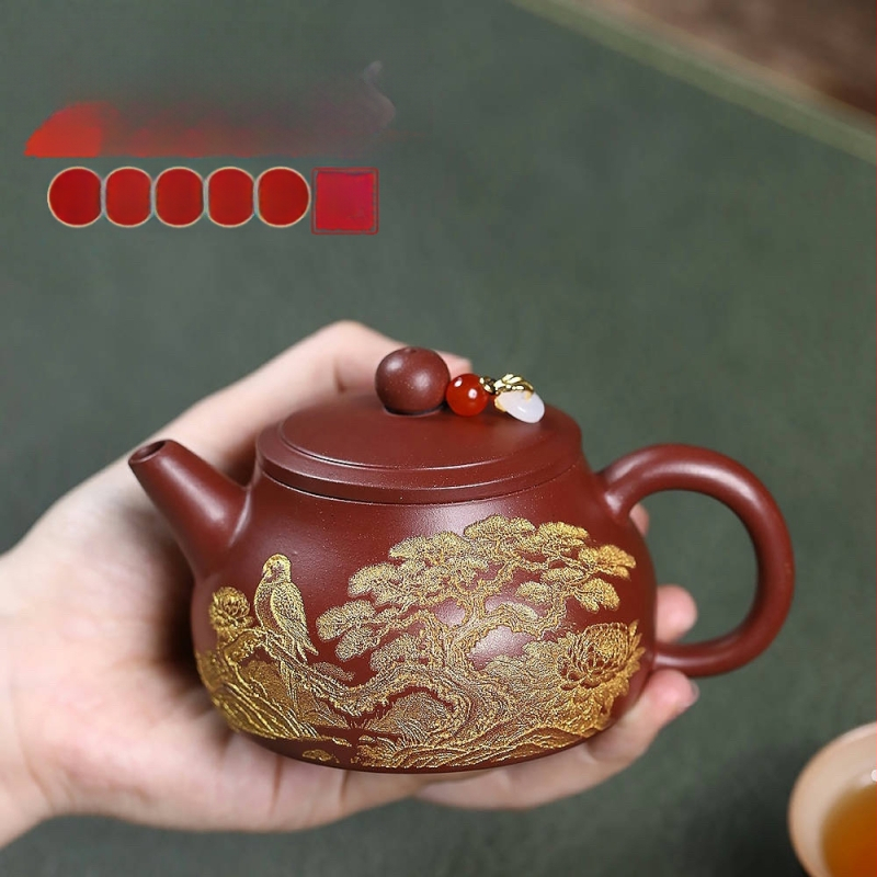 Ceainic Yixing din lut mov cu nisip Dragon-Blood, motiv floral gravat, pentru set de ceai Kung Fu acasă