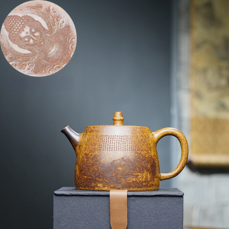 Ceainic Rulai Han Duo, Colecție de familie Dragon Bone Gold-Sand ceainic din lut purpuriu Yixing