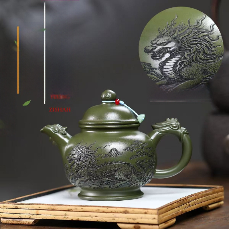 Ceainic Yixing din lut mov purpurie, lucrat manual de un maestru în vârstă, lut verde mineral original, gravură completă cu motiv qilin, set de ceai de înaltă calitate