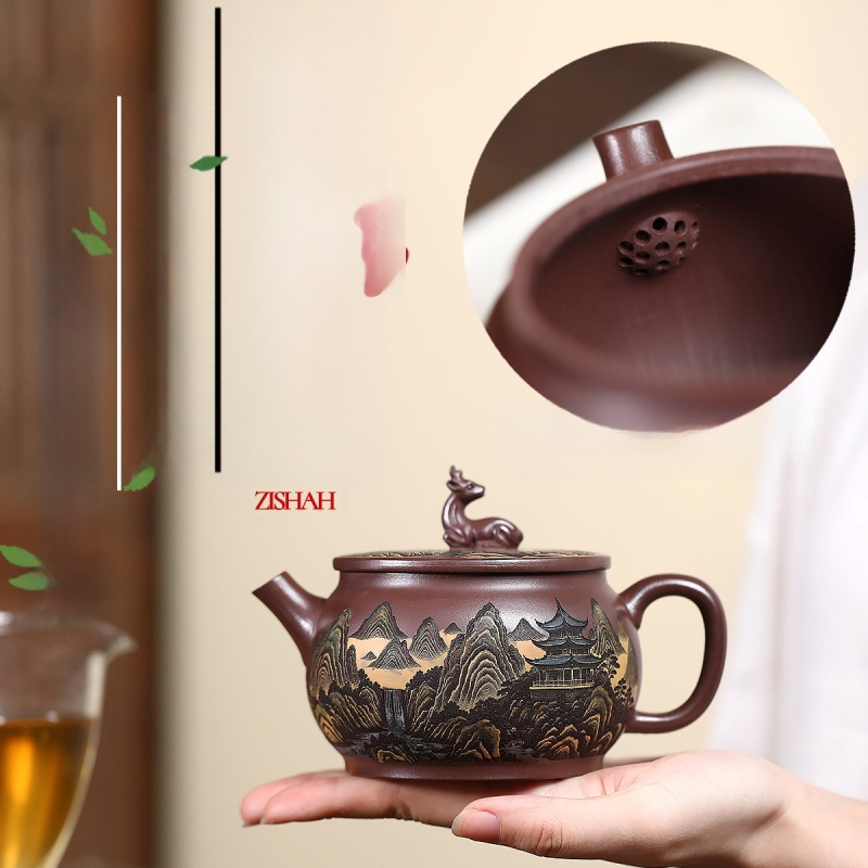 Ceainic din lut purpuriu Yixing, lut purpuriu mineral original, lucrat manual de un meșter în vârstă, gravură color pe întreg corpul, motiv Rui Lu Yun