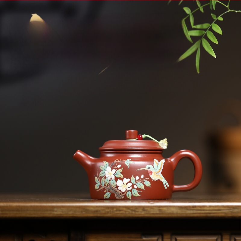 Ceainic Yixing din lut purpuriu nisipos, inspirat de Da Hong Pao, lucrat manual, cu motive de păsări și flori, set Gongfu De Zhong