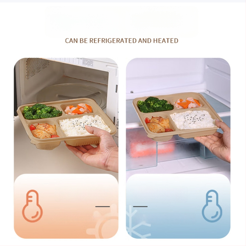 Cutie de prânz din fibre de bambus biodegradabilă, 1000 ml, cu patru compartimente, compatibilă cu microunde