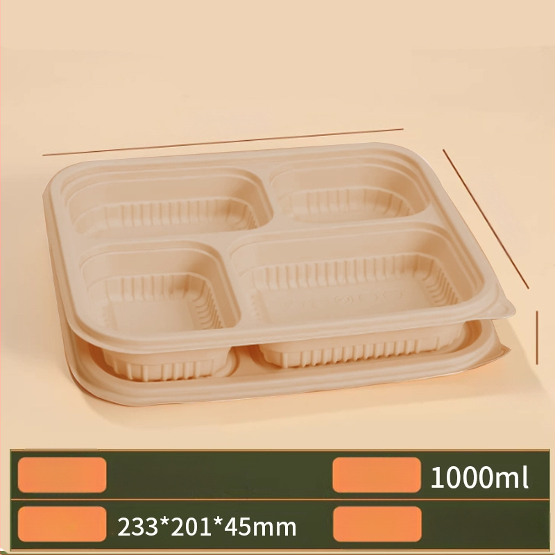 Cutie de prânz din fibre de bambus biodegradabilă, 1000 ml, cu patru compartimente, compatibilă cu microunde