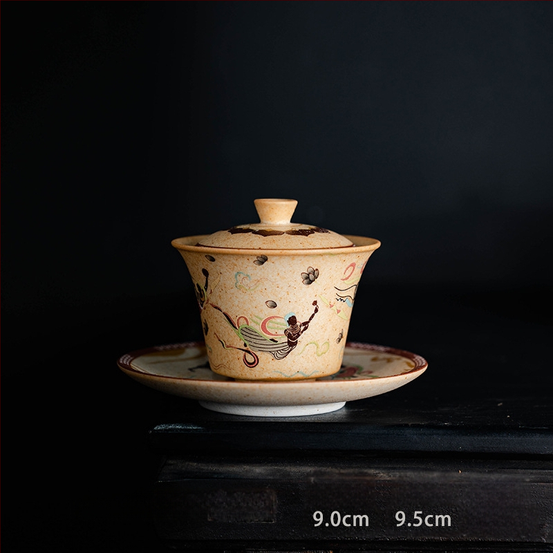 Dunhuang Cultural – Bol de ceai cu capac pentru trei talente, ceașcă unică, seria Flying Apsaras Impression, set Gongfu din porțelan