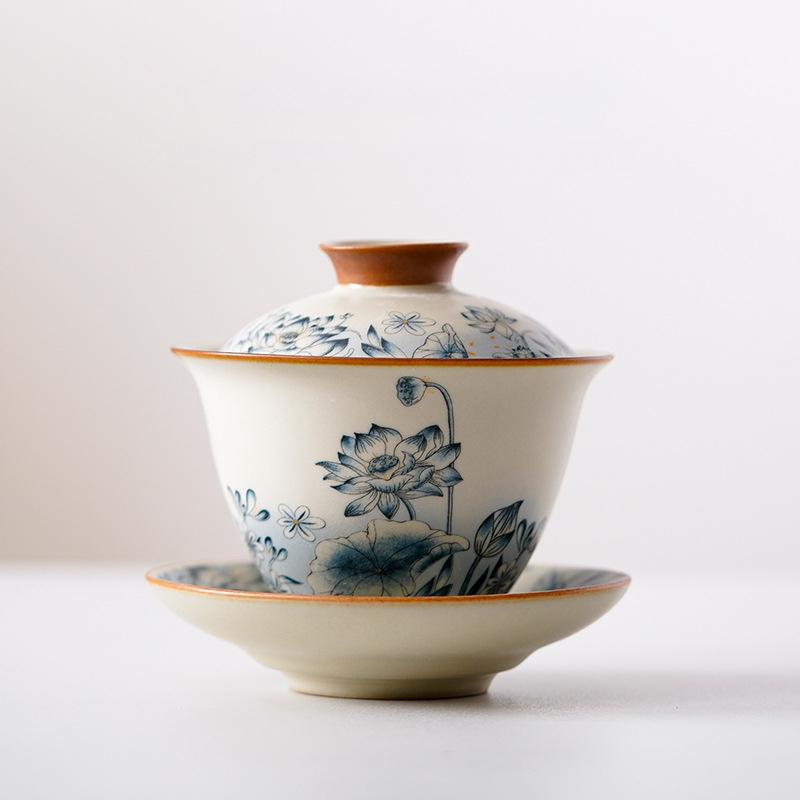 Ru Kiln Sancai Vas de ceai cu capac – Design Lotus, Ceramică, Stil Chinezesc Nou, Set de ceai premium pentru casă