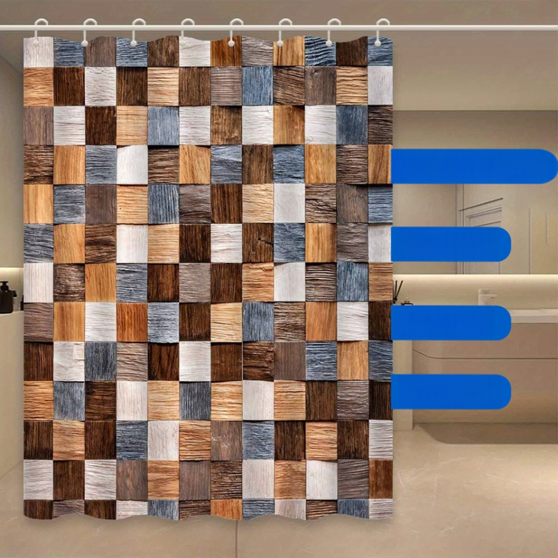 Cortină de duș în stil scandinav minimalist, model geometric cu lemn, poliester, cu cârlige, lavabilă la mașină