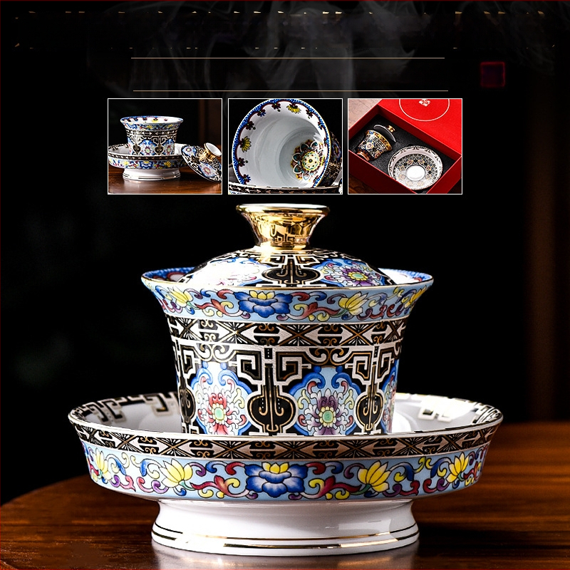 Gaiwan sancai emailat – ceramică pentru ceai, ceremonie Gongfu, ceșcuță cu separator