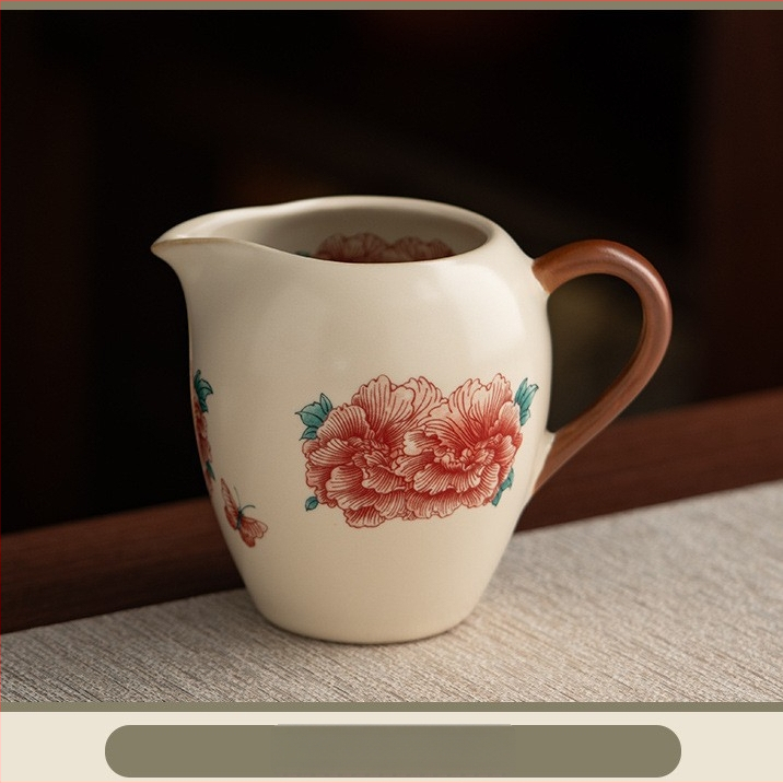 Porțelan bej Ru Kiln cu floare de bujor — set Kung Fu de ceai din porțelan de înaltă calitate, cu server de ceai și separator de ceai