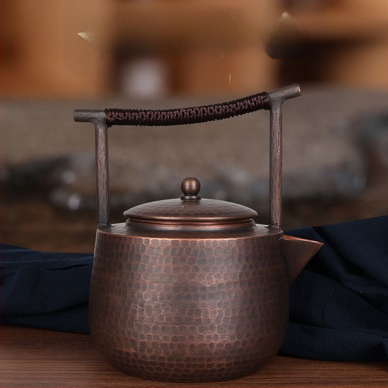 Ceainic din cupru cu capacitate mare pentru fierberea apei și infuzarea ceaiului, vas din cupru lucrat manual, stil chinezesc retro, cu mâner superior