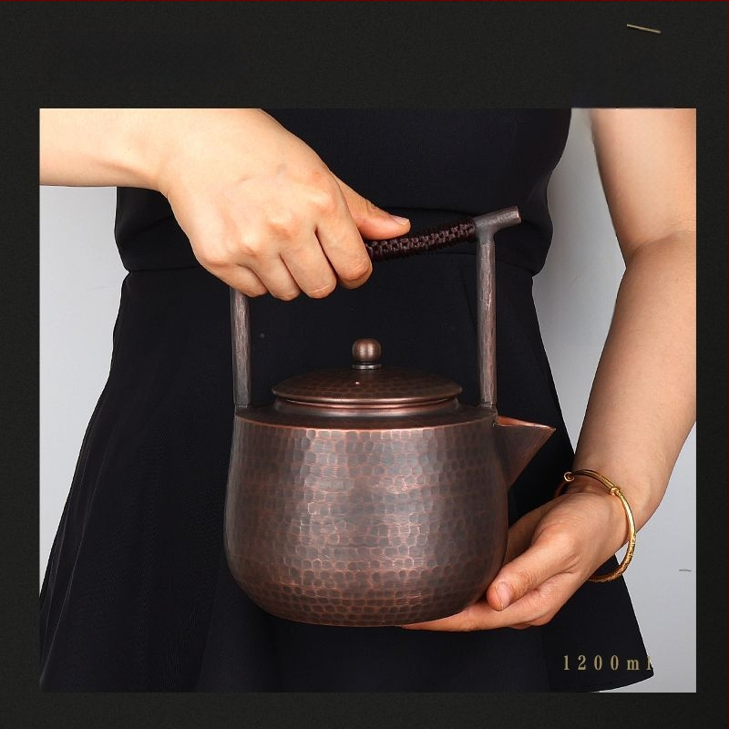 Ceainic din cupru cu capacitate mare pentru fierberea apei și infuzarea ceaiului, vas din cupru lucrat manual, stil chinezesc retro, cu mâner superior