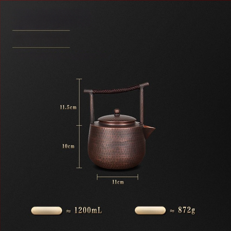 Ceainic din cupru cu capacitate mare pentru fierberea apei și infuzarea ceaiului, vas din cupru lucrat manual, stil chinezesc retro, cu mâner superior