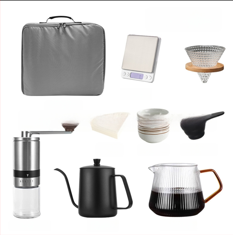 Set portabil de cafea pentru exterior cu ceainic pentru turnare manuală și mecanism cu manivelă, 8 piese