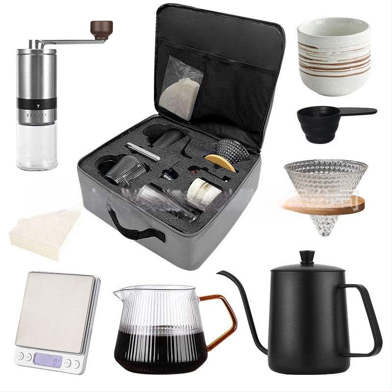 Set portabil de cafea pentru exterior cu ceainic pentru turnare manuală și mecanism cu manivelă, 8 piese