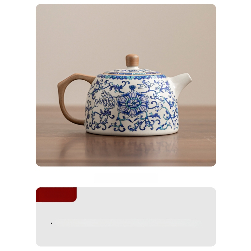 Ceainic Ru kiln în stil antic, pentru casă și birou, motiv lotus albastru și alb, glazură craquelé, set de ceai din porțelan Ru
