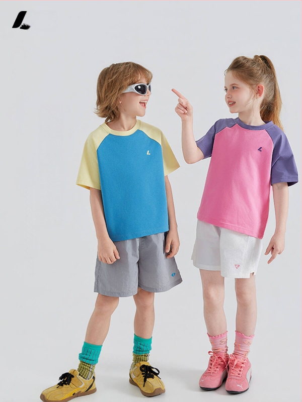 Tricou pentru copii cu raglan, panouri colorate, mâneci scurte, 100% bumbac, top sportiv de vară, respirabil