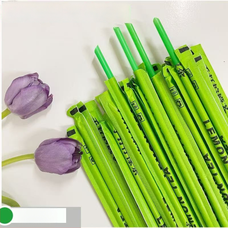 Ceai de lămâie făcut manual vara, cu pai verde, de unică folosință, ceai de lapte în stil Linli, ambalaj verde individual pentru utilizare comercială.