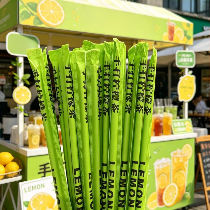 Ceai de lămâie făcut manual vara, cu pai verde, de unică folosință, ceai de lapte în stil Linli, ambalaj verde individual pentru utilizare comercială.