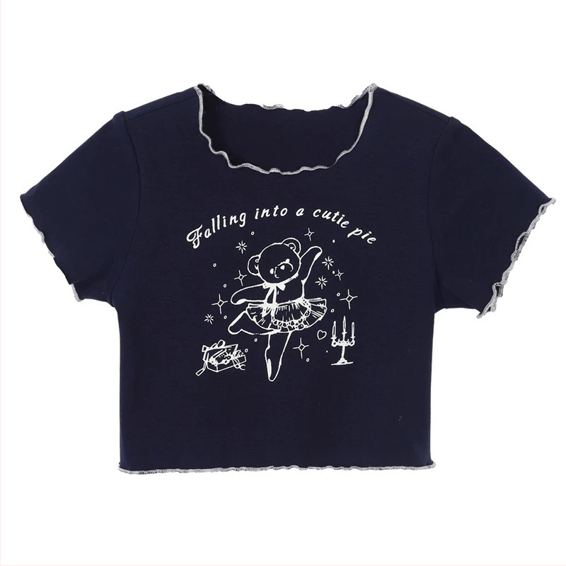 Tricou pentru fete cu mâneci scurte, vară 2025, model nou, imprimeu, volane la margine, material ușor.