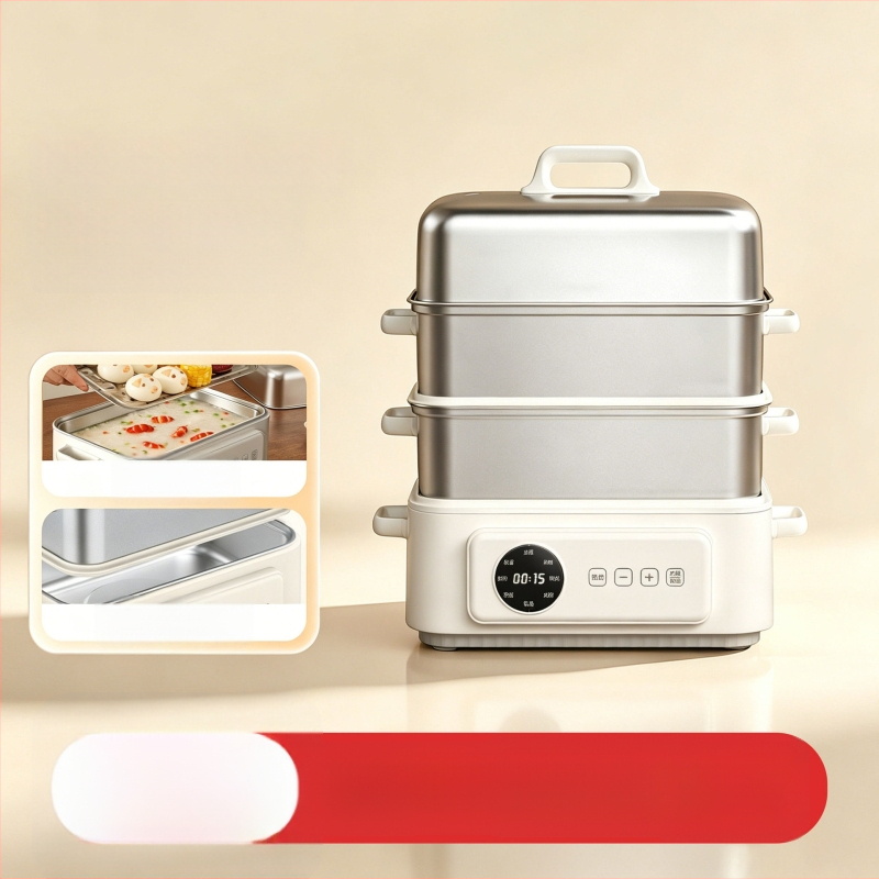 Vaporizator electric din oțel inoxidabil, design cu trei niveluri, capacitate mare peste 10 L, oală multifuncțională pentru aburire, fierbere, braising, tocană, hot pot și prăjire, vas interior din oțel inoxidabil 304, control tactil, 220V, 1500W