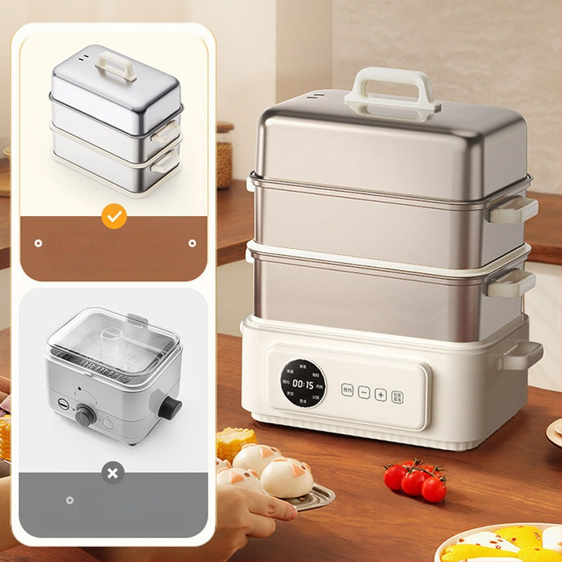 Vaporizator electric din oțel inoxidabil, design cu trei niveluri, capacitate mare peste 10 L, oală multifuncțională pentru aburire, fierbere, braising, tocană, hot pot și prăjire, vas interior din oțel inoxidabil 304, control tactil, 220V, 1500W