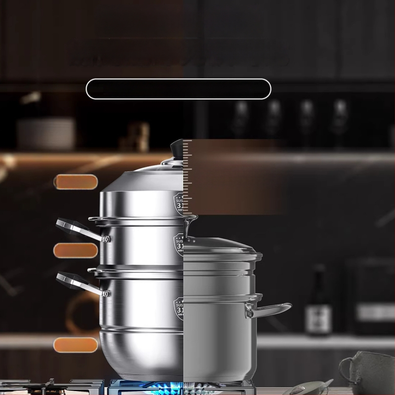Vaporieră de uz casnic din oțel inoxidabil, în stil oală de orez, de calitate alimentară, grosime extra și înălțime mărită, pentru aburirea chiflelor, capacitate 3–4 niveluri