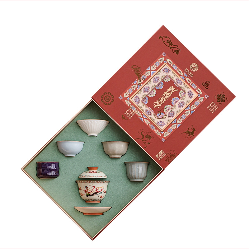 Su's Ceramics Dunhuang gaiwan Gongfu set de ceai, din cinci cuptoare renumite Jun Ru Guan Ding Ge, într-o cutie cadou culturală