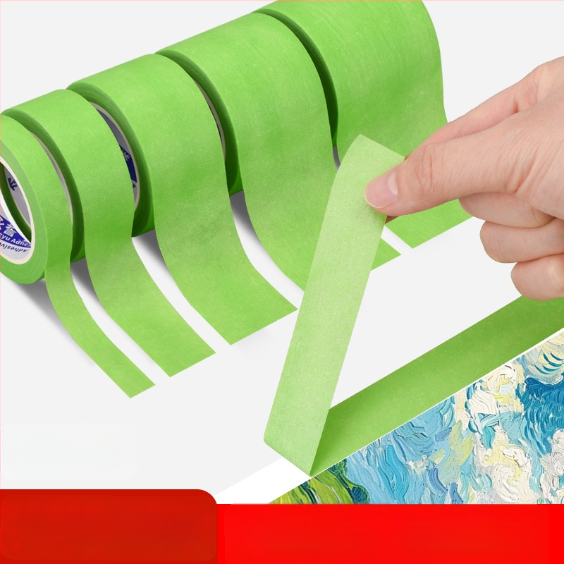 Bandă de mascare verde, texturată, fără reziduuri de adeziv, pentru artă și design; poate fi scrisă pentru marcaj; lățime 10–50 mm, lungime 10/20 m.