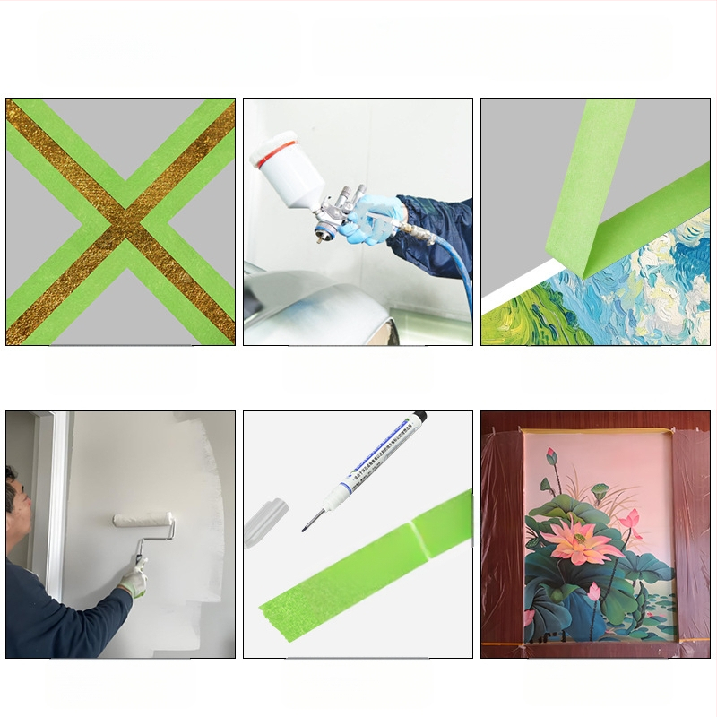 Bandă de mascare verde, texturată, fără reziduuri de adeziv, pentru artă și design; poate fi scrisă pentru marcaj; lățime 10–50 mm, lungime 10/20 m.