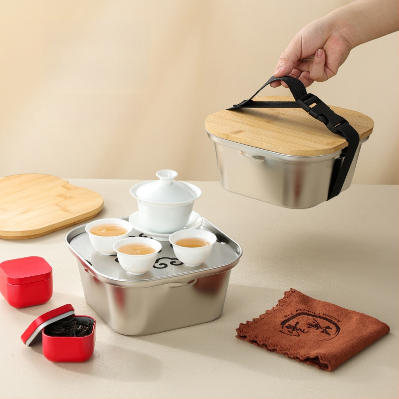 Tavă portabilă pentru ceai din oțel inoxidabil, cu drenaj, pentru uz casnic și în exterior – Set Kung Fu de ceai cu tavă pentru infuzie uscată