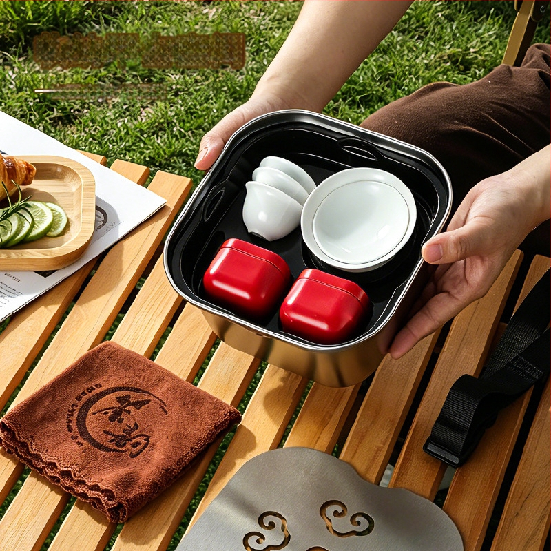 Tavă portabilă pentru ceai din oțel inoxidabil, cu drenaj, pentru uz casnic și în exterior – Set Kung Fu de ceai cu tavă pentru infuzie uscată