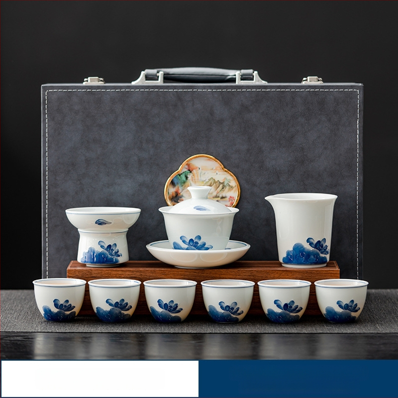 Set de ceai din ceramică, pictat manual, cu floare de lotus albastră, vas cu capac plutitor, stil retro elegant