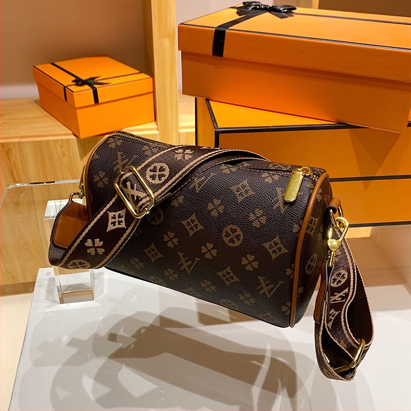Geantă crossbody pentru femei cu imprimeu floral vintage, model nou 2023, stil european și american, curea lată, rucsac cilindric.