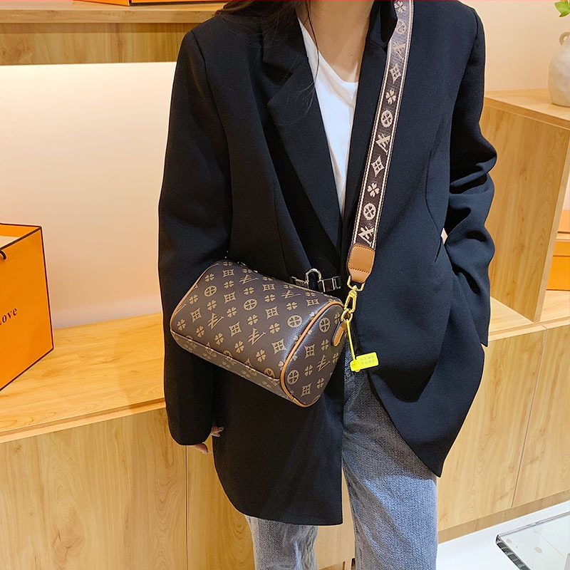 Geantă crossbody pentru femei cu imprimeu floral vintage, model nou 2023, stil european și american, curea lată, rucsac cilindric.