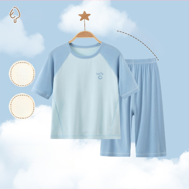Set pijamale pentru copii din modal, cu ice-silk, vară, mâneci scurte, unisex