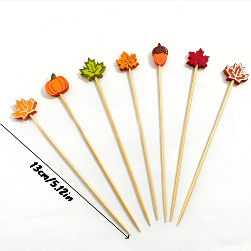 Frigărui de fructe cu design în formă de frunze, con de pin și dovleac; bețișoare de bambus de unică folosință, clasă alimentară, 13,5 cm, 100 bucăți în pachet