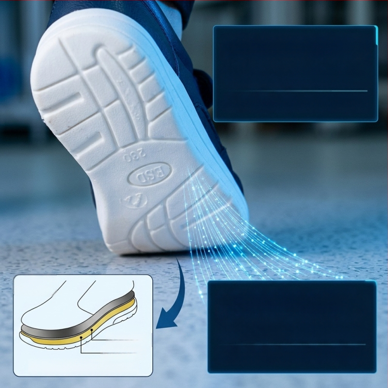 Pantofi antipstatic cu patru orificii, talpă PVC, respirabili, fără miros pentru spații curate în industriile alimentară și farmaceutică