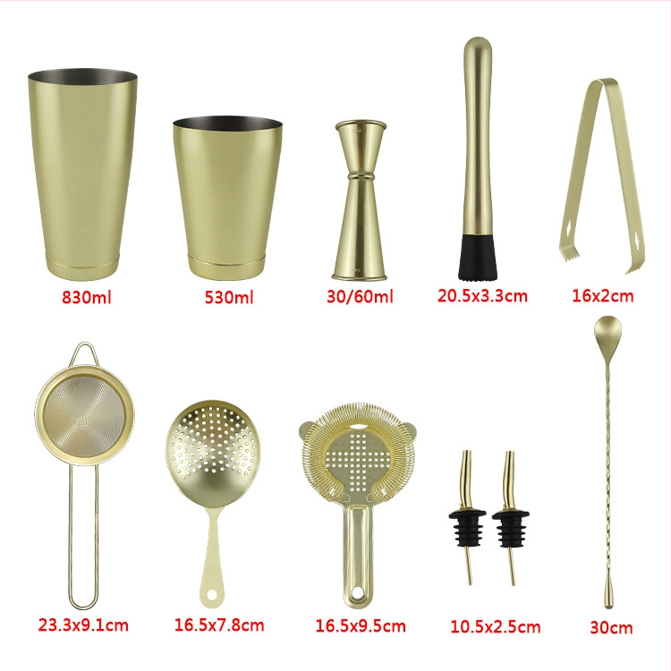 Set de 11 piese din oțel inoxidabil 304 pentru bar: cană de măsurat Boston, lingură de bar, strecurător pentru gheață, pourer și cuțit pentru gheață
