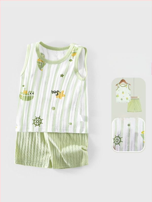 Dohikka Set de vară pentru bebeluși din două piese – bumbac 100%, top fără mâneci și pantaloni 3/4, imprimeu desen animat, pentru copii 1–3 ani