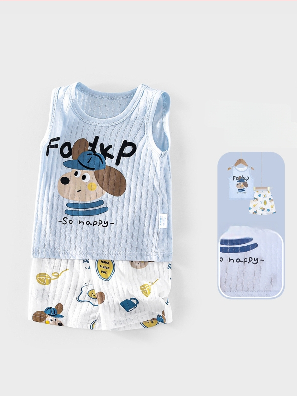 Dohikka Set de vară pentru bebeluși din două piese – bumbac 100%, top fără mâneci și pantaloni 3/4, imprimeu desen animat, pentru copii 1–3 ani