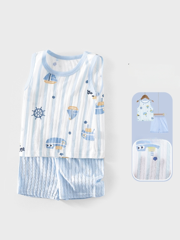 Dohikka Set de vară pentru bebeluși din două piese – bumbac 100%, top fără mâneci și pantaloni 3/4, imprimeu desen animat, pentru copii 1–3 ani