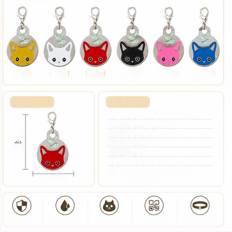 Etichetă pentru zgardă de animale de companie cu QR, pisică și pește în stil desen animat, email multicolor, anti-pierdere