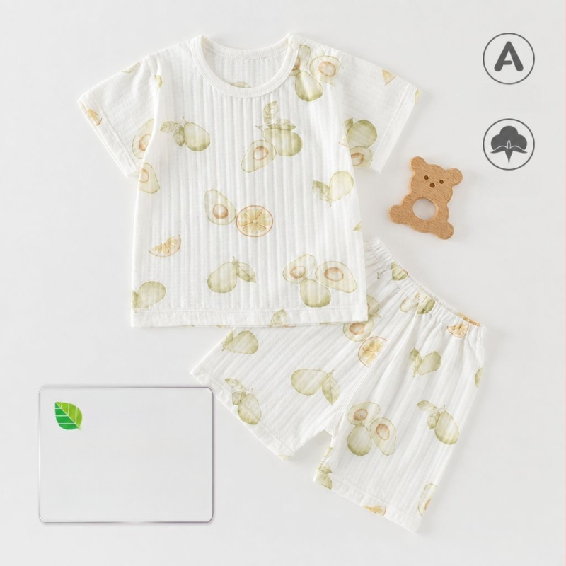 Set de vară pentru bebeluți din bumbac voal: două piese, tricou cu mânecă scurtă și pantaloni scurți, pijama